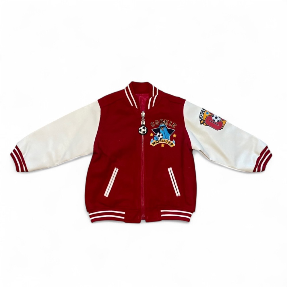NWT Vintage Sesame Street Y2K Cookie Monster Wool Blend Soccer Varsity Jacket 4T
